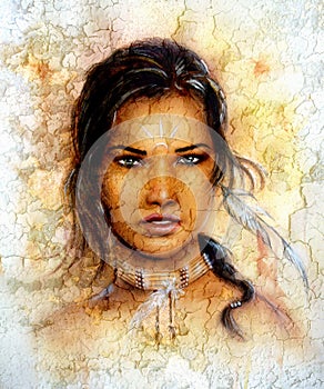 Painting young indian woman wearing a feather, eye cont, crackle background photo