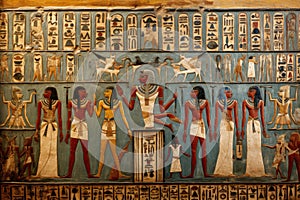 Paintings Depicting Ancient Egyptian Scenes on Wall of Temples and Tombs, Hieroglyphics depictions on an Egyptian tomb telling