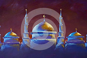 Paintings mosque. Painting Eid Mubarak festival, Muslim holiday
