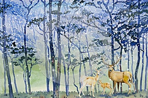 Paintings snow falls in forest winter and deer family