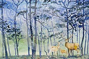 Paintings snow falls in forest winter and deer family photo