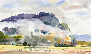 Paintings watercolor landscape of fog on mountain hill