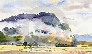 Paintings watercolor landscape of fog on mountain hill photo