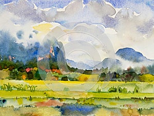 Paintings watercolor landscape of village mountain hill