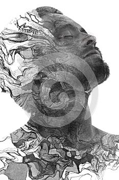 Paintography. Double exposure of an attractive male model combined with hand drawn paintings of wavy lines, black and white