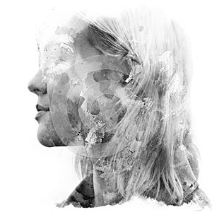 Paintography. Double exposure. Close up of an attractive model combined with hand drawn ink and watercolor painting with