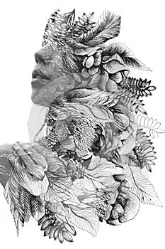 Paintography. Double exposure close up portrait of a young natural beauty, with face and hair combined with hand drawn leaves and