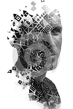 A paintography double exposure male portrait combined with a graphical painting