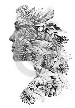 Paintography. Double exposure profile of a young natural beauty, with face and hair combined with hand drawn leaves and flowers