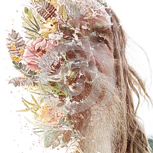 A paintography portrait of an old bearded man combined with floral painting