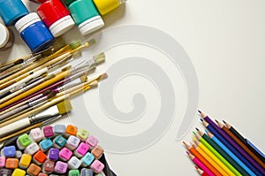 Paints and brushes, pencil and marker