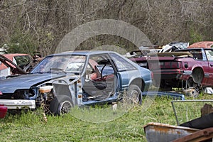 A Pair of 1990's Ford Mustangs in the Salvage Yard