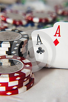 Pair of aces in front of poker chips