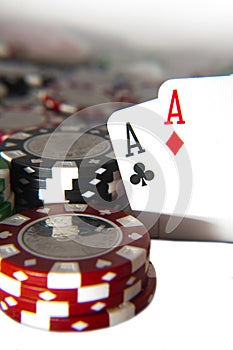 Pair of aces in front of poker chips