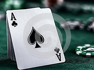 A pair of aces of spades on a green table with poker chips