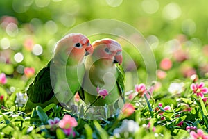 Pair Of Adorable Lovebirds Strolling On Lush Green Lawn With Blooming Flowers