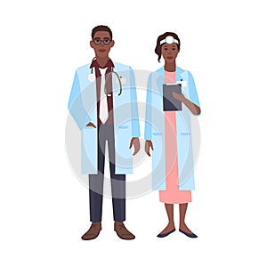 Pair of african american doctors wearing physician coats. Man and woman medics or surgeons dressed in medical uniform