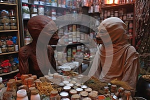 pair of aliens haggling over price of spices in bustling bazaar