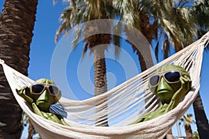 pair of aliens, relaxing on hammock under the shade of palm trees