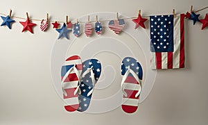 A pair of American flag themed flip flops hanging on a wall.