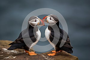 A pair of Atlantic Puffins stand on an Icelandic rock beak to beak AI generated