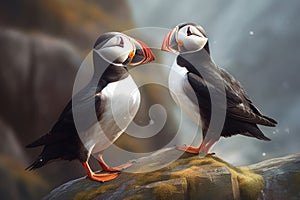 A pair of Atlantic Puffins stand on an Icelandic rock beak to beak AI generated