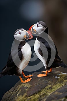 A pair of Atlantic Puffins stand on an Icelandic rock beak to beak AI generated