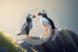 A pair of Atlantic Puffins stand on an Icelandic rock beak to beak AI generated