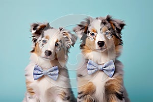 Pair of Australian Shepherd dogs with bowties on pastel blue background