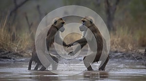 A pair of baboons play-fighting created with Generative AI