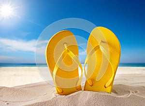 pair of beach slippers on the sandy beach