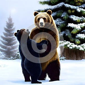 Pair of bears hugging and proving their love to their mate during the winter months at Christmas. Generative ai illustration.