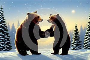 Pair of bears hugging and proving their love to their mate during the winter months at Christmas. Generative ai illustration.