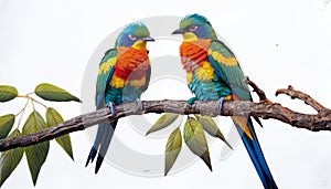 A pair of beautiful parrots are sitting on a branch and looking at each other and background is white.