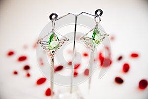 Pair of Beautiful silver Earrings with gemstones on the natural background