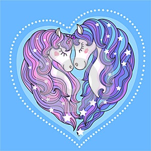 A pair of beautiful unicorns with a long mane against a blue background. Vector