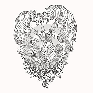 A pair of beautiful unicorns with a long mane in roses. Black and white. Vector