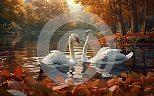 A pair of beautiful white swans are swimming in the lake among the leaves. Fantasy, Minimal, Clean, 3D Render, Surrealistic,
