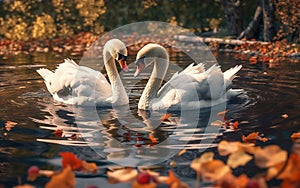 A pair of beautiful white swans are swimming in the lake among the leaves