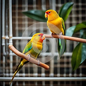 A pair of beautiful yellow parrot called lovebird perch on a white stick in a cage