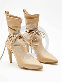 Pair of beige leather ankle boots with high heels on white background.