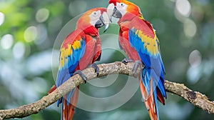 pair of big parrot scariet two birds sitting on branch, Wildlife love scence