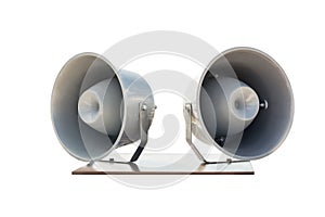 Pair of big retro car roof loudspeakers mounted on wooden plate isolated on white background. Urgent or emergency