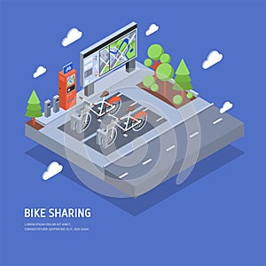 Pair of bikes parked at docking station on city street, payment terminal, stand with map, trees and road. Public bicycle