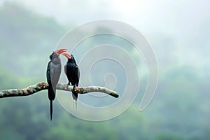 A pair of birds rests on a tree branch, possibly taking a break from foraging or nesting