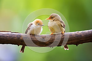 a pair of birds sitting on a branch, chirping at each other