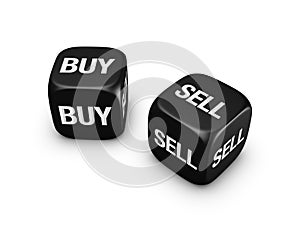 Pair of black dice with buy, sell sign