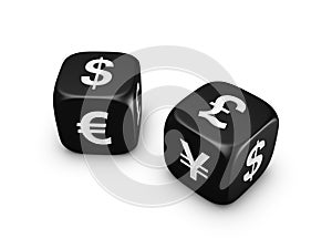 Pair of black dice with currency sign