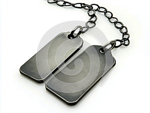 A pair of black dog tags on a chain on a white background