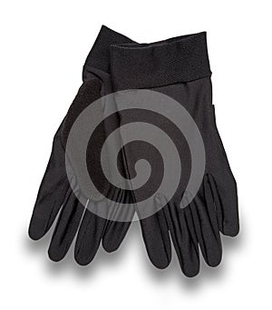 A pair of black gloves shot straight on, isolated on white with a drop shadow